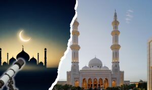 Doc. Ilustrasi penentuan awal Syawal 1447 Hijriah, menampilkan sisi kiri masjid dengan latar rembulan dan teropong hilal sebagai simbol rukyatul hilal, serta sisi kanan bangunan megah kompleks masjid sebagai representasi pelaksanaan Sidang Isbat penetapan Idul Fitri 2026. (NR).