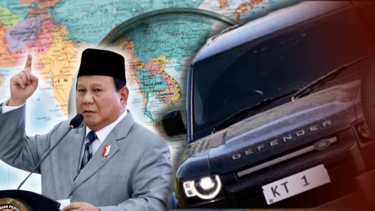 Doc. Ilustrasi kolase menampilkan Presiden Prabowo Subianto di sisi kiri dan kendaraan dinas Gubernur KALTIM berpelat KT 1 di sisi kanan, digunakan untuk menggambarkan sorotan terhadap pengadaan mobil dinas bernilai fantastis dalam pernyataan terkait efisiensi anggaran. (NR).