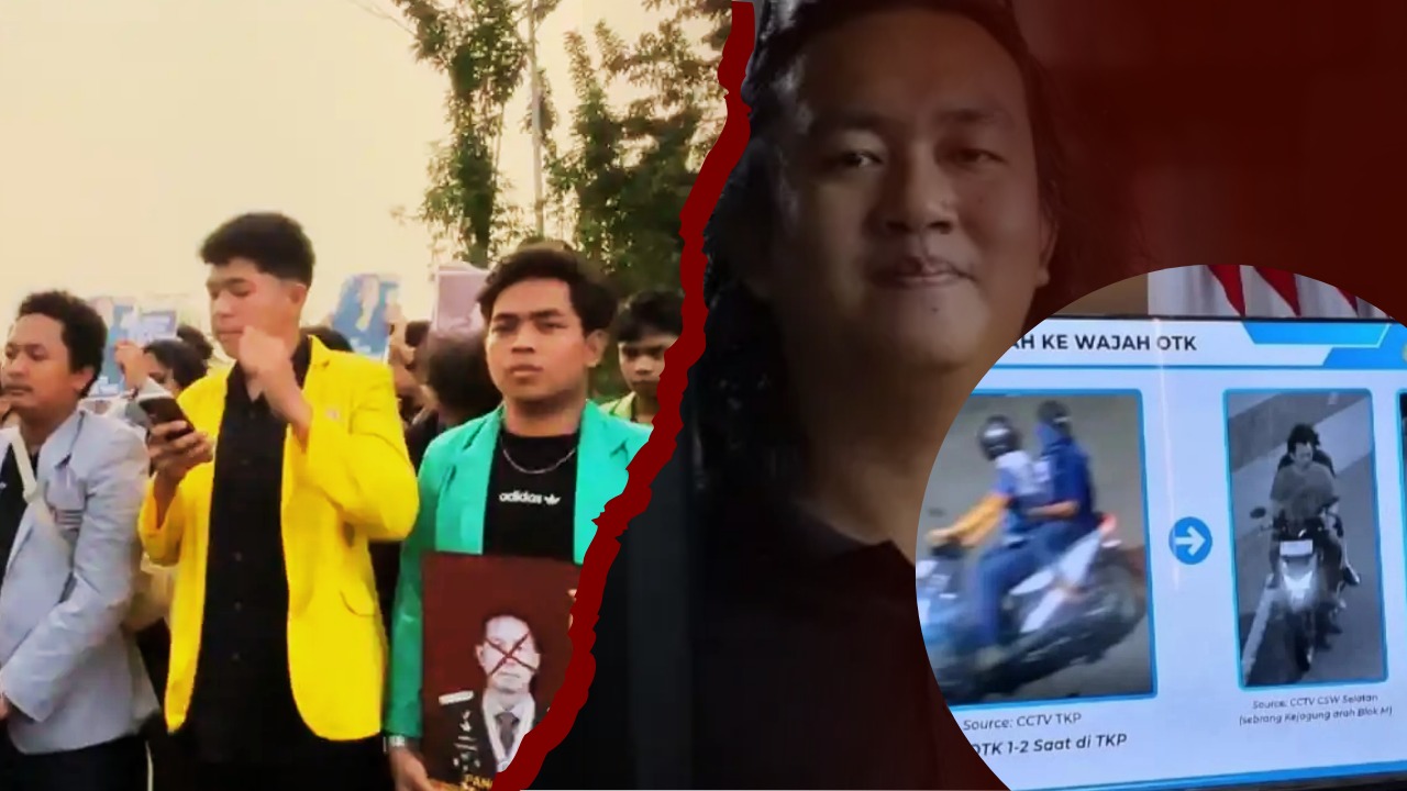 Doc. Kolase close memperlihatkan sejumlah mahasiswa yang menggelar aksi unjuk rasa di sisi kiri, Andrie Yunus di sisi kanan, serta inset lingkaran di bagian depan berupa potongan layar rekaman CCTV yang disebut berkaitan dengan dugaan pelaku dalam kasus penyiraman air keras terhadap aktivis KontraS. Gambar digunakan sebagai ilustrasi pemberitaan.