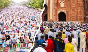 Doc. Ilustrasi kolase suasana Salat Idul Fitri yang dipadati jamaah warga Muhammadiyah dalam momen perayaan 1 Syawal 1447 Hijriah, sebagai ilustrasi pemberitaan Hari Raya Idul Fitri 2026. (NR).