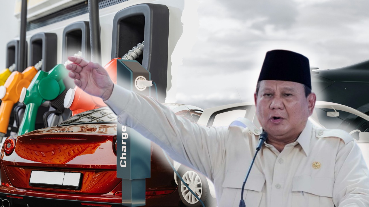 Doc. Ilustrasi kolase Presiden Prabowo Subianto pada crop depan kanan, dengan nozel bensin di sisi kiri serta latar belakang kendaraan mewah berbahan bakar fosil dan mobil listrik, digunakan sebagai visual pendukung pemberitaan terkait pernyataan soal BBM harga dunia bagi pengguna mobil mewah dan dorongan percepatan penggunaan kendaraan listrik. (ilustrasi: NR).