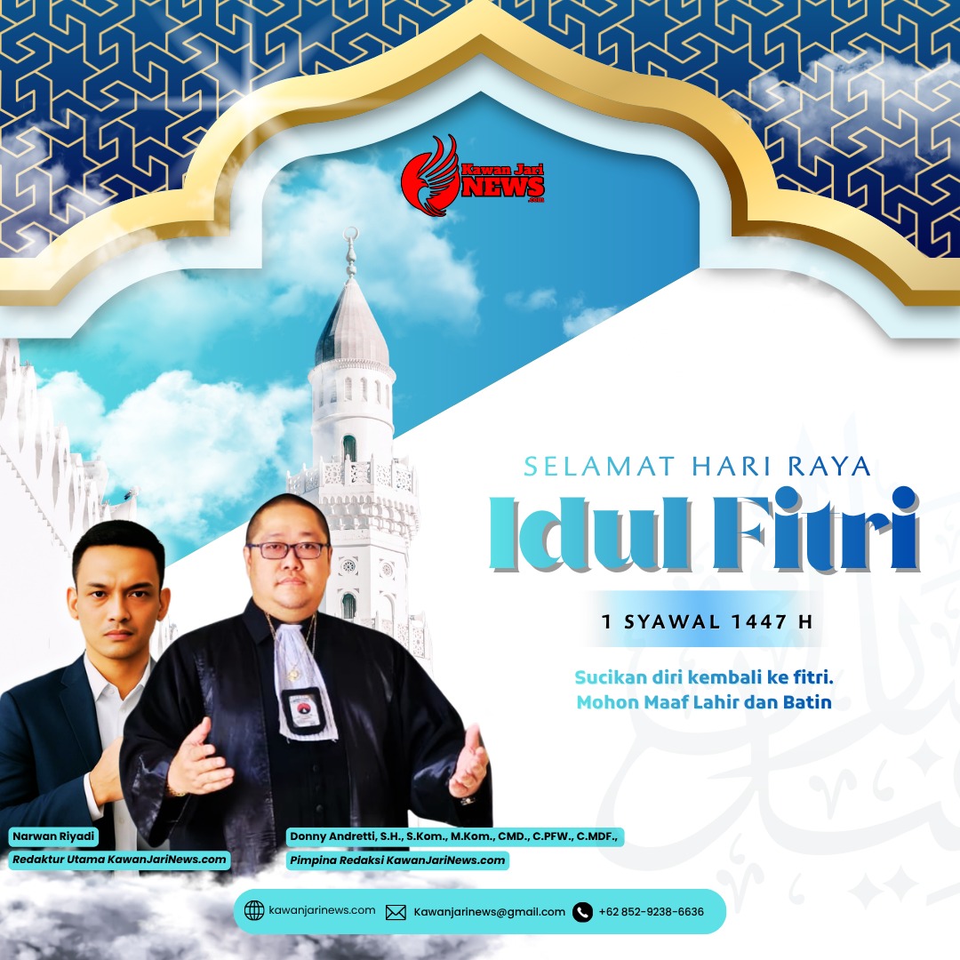Doc. Flayer ucapan Selamat Hari Raya Idul Fitri 1447 Hijriah dari Redaksi KawanJariNews.com di bawah naungan PT Kawan Jari Grup, menampilkan Pimpinan Redaksi Donny Andretti, S.H., S.Kom., M.Kom., CMD., C.PFW., C.MDF., C.JKJ., dengan pesan reflektif tentang toleransi, silaturahmi, kerukunan umat, dan persatuan dalam keberagaman bangsa Indonesia. (Arsip Redaksi).