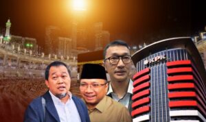 Doc. Kolase ilustrasi yang menampilkan Boyamin Saiman, Yaqut Cholil Qoumas, Budi Prasetyo selaku Juru Bicara Komisi Pemberantasan Korupsi (KPK), serta gedung KPK dengan latar suasana ibadah haji, sebagai visual pendukung pemberitaan terkait polemik pengalihan status penahanan dalam perkara dugaan korupsi kuota haji.