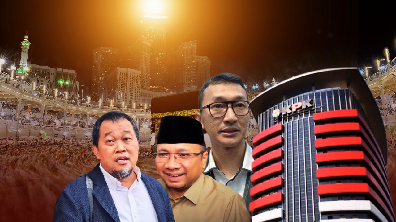 Doc. Kolase ilustrasi yang menampilkan Boyamin Saiman, Yaqut Cholil Qoumas, Budi Prasetyo selaku Juru Bicara Komisi Pemberantasan Korupsi (KPK), serta gedung KPK dengan latar suasana ibadah haji, sebagai visual pendukung pemberitaan terkait polemik pengalihan status penahanan dalam perkara dugaan korupsi kuota haji.