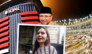 Doc. Kolase yang menampilkan Silvia Rinita Harefa di sisi depan saat menyampaikan keterangan bahwa Gus Yaqut tidak tampak di gedeug KPK. Latar bekalang, Gus Yaqut dan Gedung KPK, usai keterangannya soal ketidakhadiran Gus Yaqut di Rutan KPK menjadi perhatian publik. (NR).