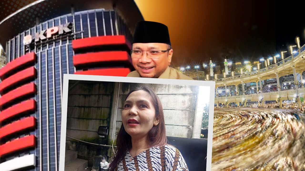 Doc. Kolase yang menampilkan Silvia Rinita Harefa di sisi depan saat menyampaikan keterangan bahwa Gus Yaqut tidak tampak di gedeug KPK. Latar bekalang, Gus Yaqut dan Gedung KPK, usai keterangannya soal ketidakhadiran Gus Yaqut di Rutan KPK menjadi perhatian publik. (NR).