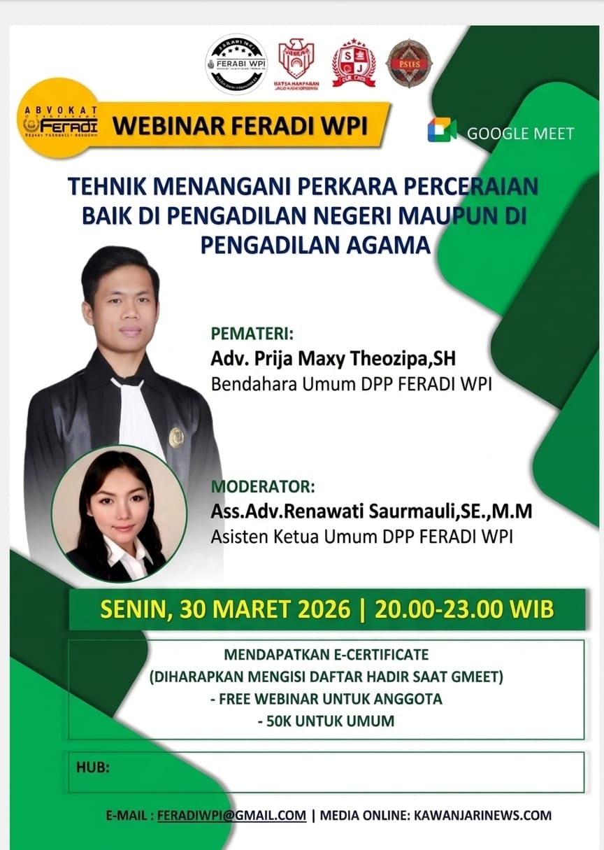 Doc. Flyer resmi webinar pendidikan hukum FERADI WPI yang akan digelar pada Senin, 30 Maret 2026, pukul 20.00–23.00 WIB, dengan mengangkat tema teknik menangani perkara perceraian di Pengadilan Negeri maupun Pengadilan Agama sebagai agenda perdana pasca-libur Idul Fitri 1447 Hijriah. (Foto: Ardip FERADI WPI Official).
