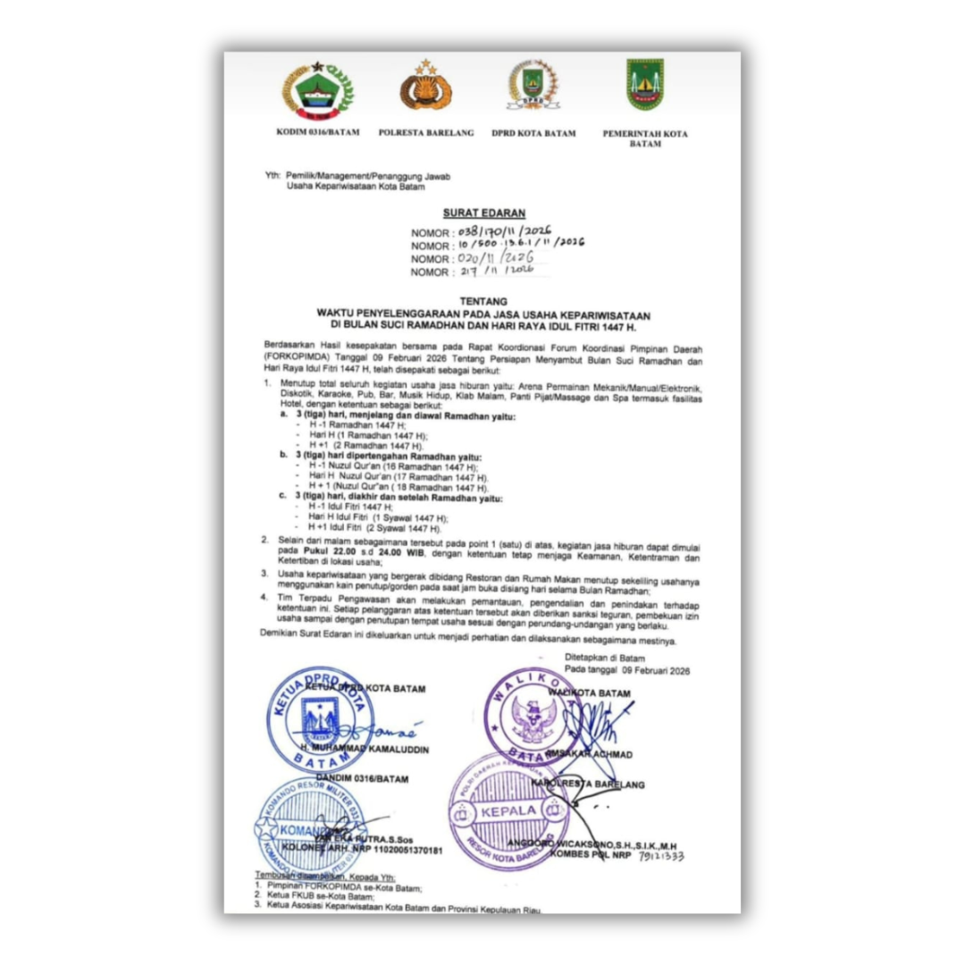 Doc. Tangkapan layar Surat Edaran Forkopimda Kota Batam yang mengatur pembatasan dan penutupan operasional usaha tempat hiburan malam selama periode tertentu di bulan suci Ramadhan 2026. (Foto: Sukamdani).