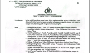 Doc. Tangkapan layar surat panggilan saksi ke-1 yang diterima narasumber dalam perkara yang sedang ditangani oleh Direktorat Reserse Siber Polda Metro Jaya.
