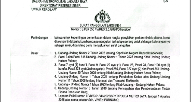 Doc. Tangkapan layar surat panggilan saksi ke-1 yang diterima narasumber dalam perkara yang sedang ditangani oleh Direktorat Reserse Siber Polda Metro Jaya.