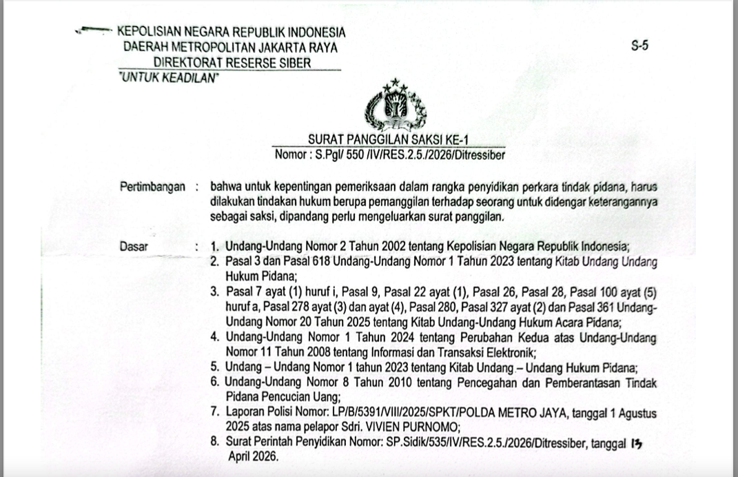 Doc. Tangkapan layar surat panggilan saksi ke-1 yang diterima narasumber dalam perkara yang sedang ditangani oleh Direktorat Reserse Siber Polda Metro Jaya.