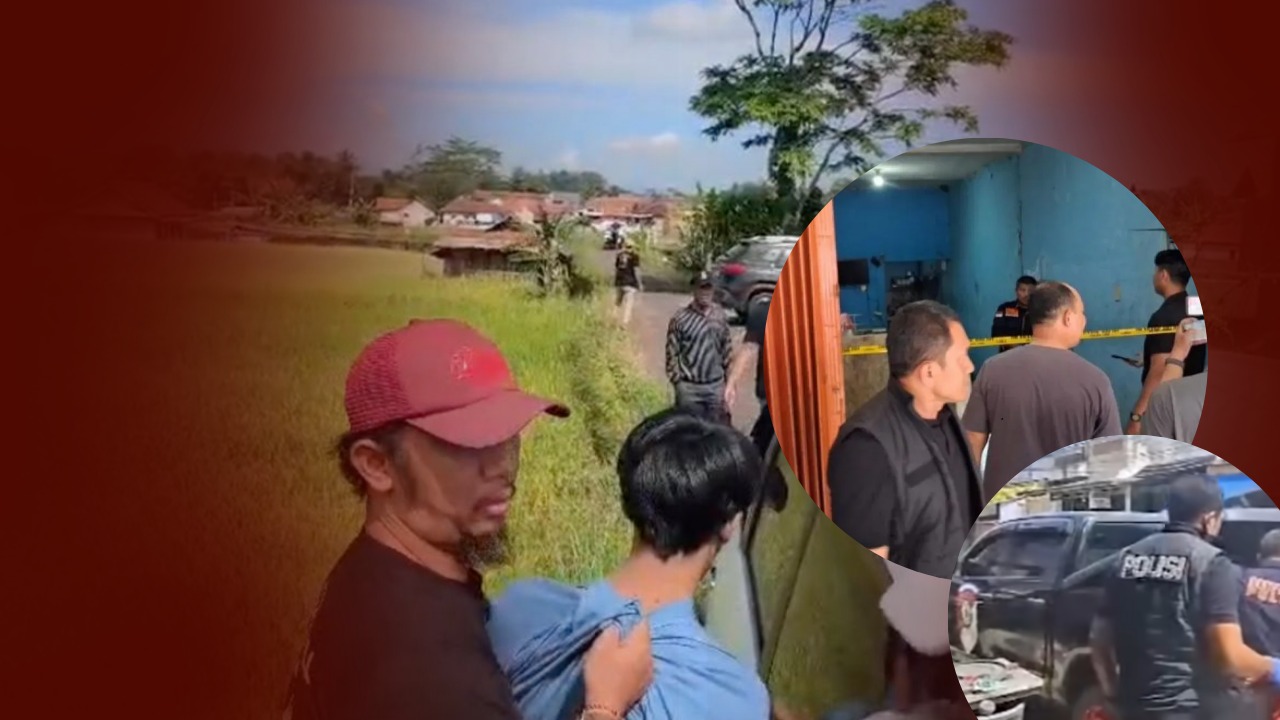 Doc. Tampilan kolase menampilkan proses pengembangan kasus pembunuhan AHA di Kabupaten Bekasi, dengan latar belakang dokumentasi penangkapan terduga pelaku oleh tim kepolisian, sementara pada lingkaran depan terlihat petugas saat melakukan olah tempat kejadian perkara (TKP) di lokasi penemuan jasad korban di dalam freezer kios ayam geprek. (Sumber: Warga).