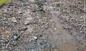 Doc. Kondisi jalan lingkungan di Kampung Tiuh Balak Pasar, Kecamatan Baradatu, Kabupaten Way Kanan, Lampung, terlihat rusak parah dengan permukaan dipenuhi batu lepas dan lubang, sehingga menyulitkan serta membahayakan pengguna jalan, Kamis (16/4/2026).