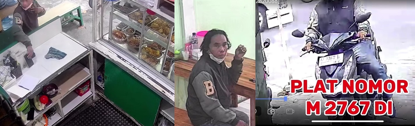 Doc. Kompilasi tangkapan layar rekaman CCTV yang memperlihatkan rangkaian peristiwa dugaan pencurian telepon genggam di Warung Cece, Jalan Raya Nginden, Surabaya, Kamis (16/4/2026). Dalam gambar terlihat terduga pelaku saat memasuki lokasi, mengamati situasi, hingga momen ketika mengambil ponsel milik karyawati dan meninggalkan tempat kejadian.