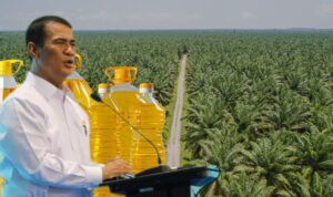 Doc. Ilustrasi: Menteri Pertanian Andi Amran Sulaiman dengan latar kebun kelapa sawit dan produk minyak goreng, menggambarkan sorotan terhadap kondisi harga minyak goreng di tengah melimpahnya produksi sawit nasional.