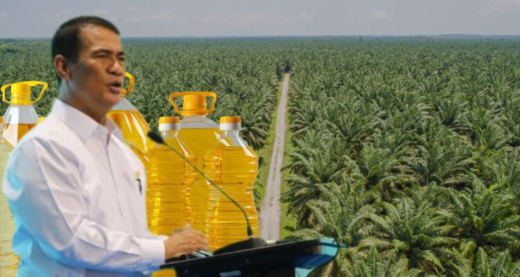 Doc. Ilustrasi: Menteri Pertanian Andi Amran Sulaiman dengan latar kebun kelapa sawit dan produk minyak goreng, menggambarkan sorotan terhadap kondisi harga minyak goreng di tengah melimpahnya produksi sawit nasional.