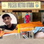 Doc. Kolase ilustrasi yang menampilkan potret korban Andi Setiawan dalam lingkaran, dipadukan dengan dokumentasi penanganan jenazah oleh petugas di Mapolsek Metro Utara.