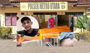 Doc. Kolase ilustrasi yang menampilkan potret korban Andi Setiawan dalam lingkaran, dipadukan dengan dokumentasi penanganan jenazah oleh petugas di Mapolsek Metro Utara.