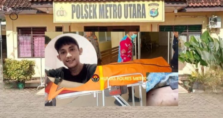 Doc. Kolase ilustrasi yang menampilkan potret korban Andi Setiawan dalam lingkaran, dipadukan dengan dokumentasi penanganan jenazah oleh petugas di Mapolsek Metro Utara.