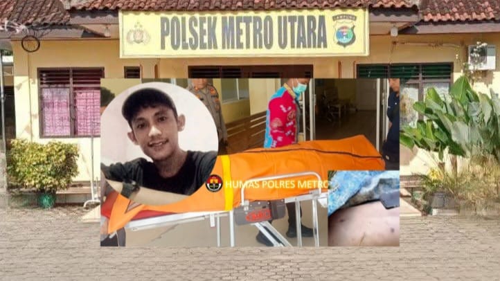 Doc. Kolase ilustrasi yang menampilkan potret korban Andi Setiawan dalam lingkaran, dipadukan dengan dokumentasi penanganan jenazah oleh petugas di Mapolsek Metro Utara.