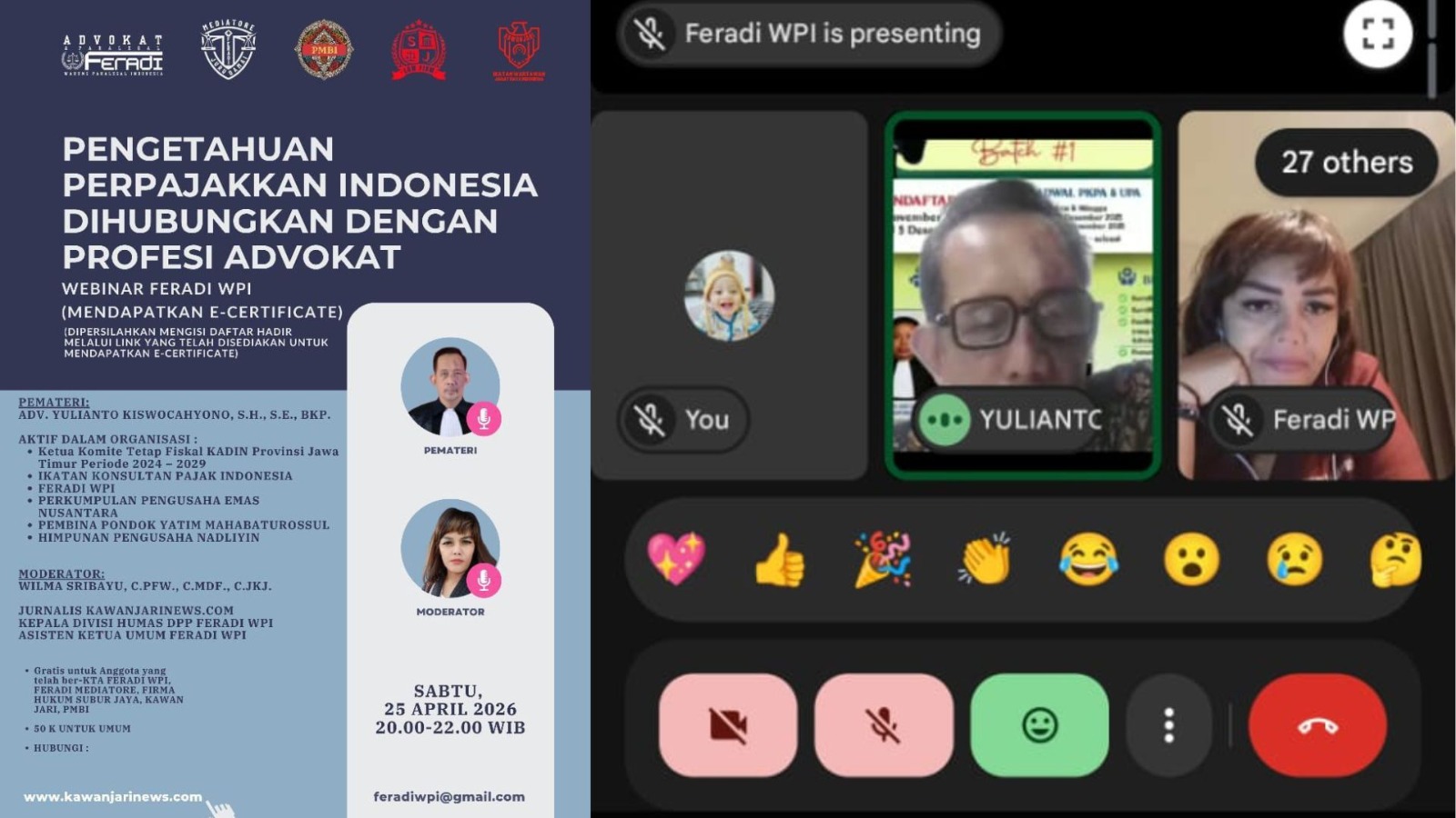 Doc. Tangkapan layar saat webinar FERADI WPI bertema perpajakan berlangsung secara daring, menampilkan pemateri Yulianto Kiswocahyono dan moderator Wilma Sribayu bersama peserta dalam sesi pemaparan materi dan diskusi interaktif, Sabtu (25/4/2026).