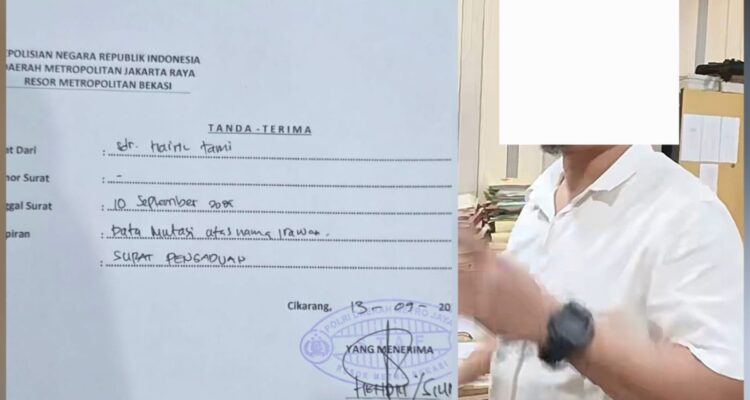 Doc. Sisi kiri memperlihatkan tanda terima laporan pengaduan yang diterima di Polres Metro Bekasi Kabupaten. Sisi kanan menampilkan sosok penyidik yang menangani perkara, dengan wajah disamarkan atau di-blur guna menjaga privasi serta menghindari pengungkapan identitas pribadi selama proses penanganan kasus masih berlangsung.