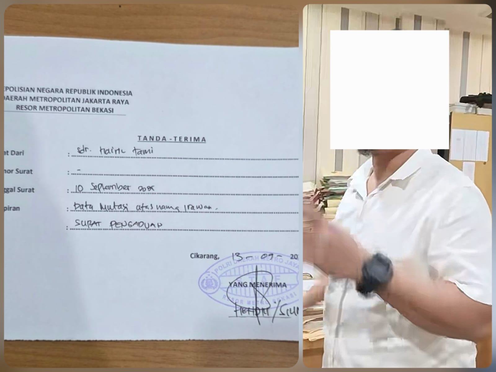 Doc. Sisi kiri memperlihatkan tanda terima laporan pengaduan yang diterima di Polres Metro Bekasi Kabupaten. Sisi kanan menampilkan sosok penyidik yang menangani perkara, dengan wajah disamarkan atau di-blur guna menjaga privasi serta menghindari pengungkapan identitas pribadi selama proses penanganan kasus masih berlangsung.