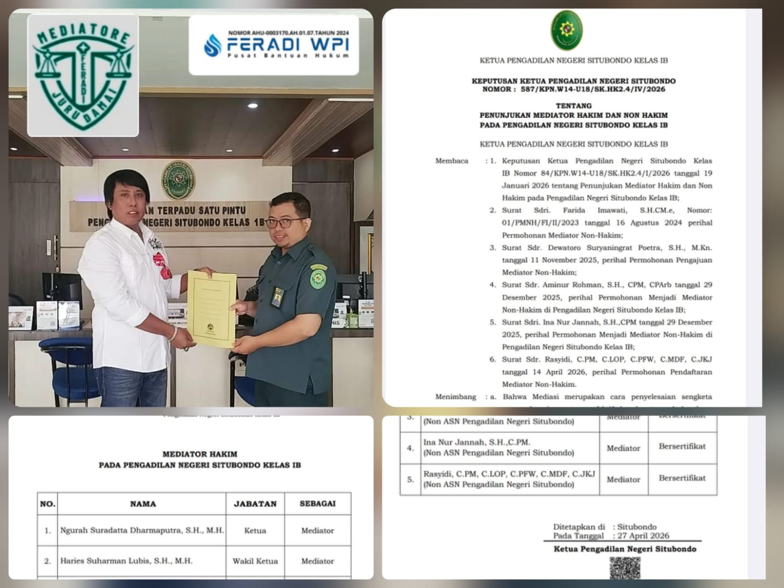 Doc. Kompilasi foto saat penyerahan surat keputusan penunjukan Mediator Non Hakim kepada Rasyidi di Pengadilan Negeri Situbondo Kelas IB, disandingkan dengan tangkapan layar dokumen resmi keputusan penunjukan tertanggal 27 April 2026.