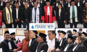 Doc. Kompilasi suasana prosesi pengambilan sumpah/janji advokat anggota FERADI WPI di Ruang Sidang Utama Pengadilan Tinggi Bandung, Kamis (30/4/2026), yang diikuti Erwin Maulana, S.H. dan Mikael Kaka, S.H., didampingi jajaran pengurus organisasi.