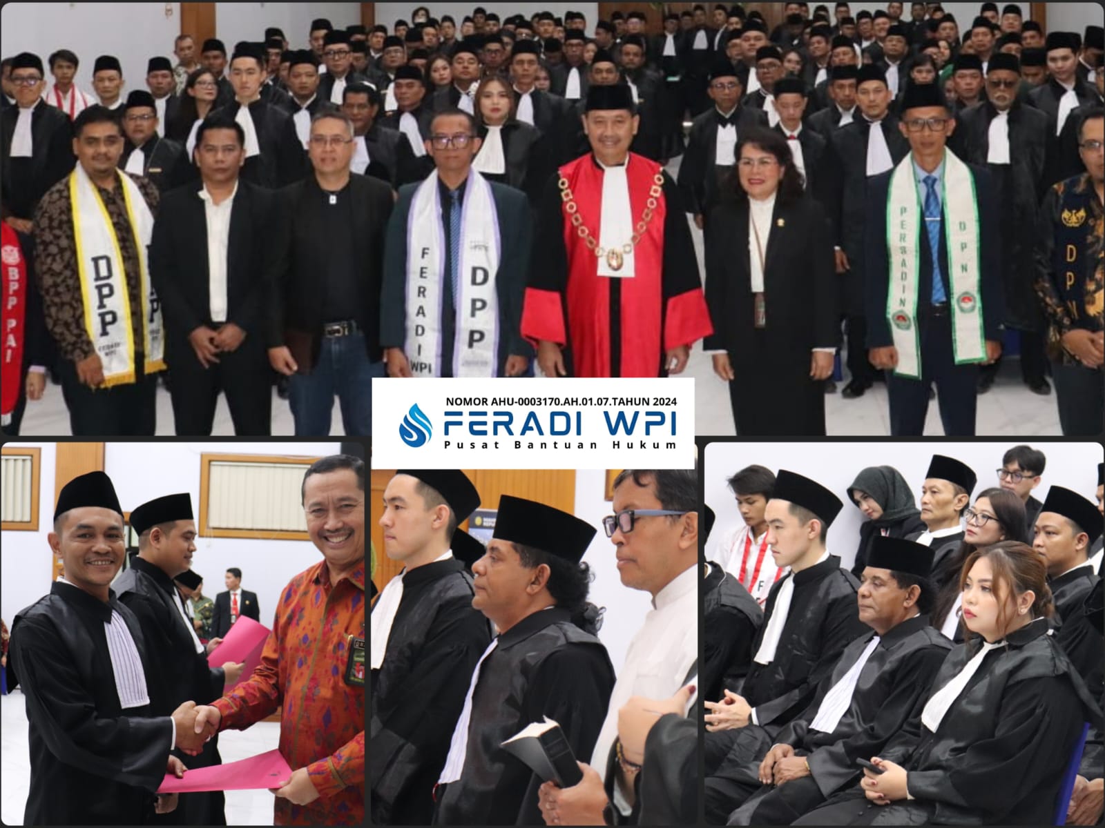 Doc. Kompilasi suasana prosesi pengambilan sumpah/janji advokat anggota FERADI WPI di Ruang Sidang Utama Pengadilan Tinggi Bandung, Kamis (30/4/2026), yang diikuti Erwin Maulana, S.H. dan Mikael Kaka, S.H., didampingi jajaran pengurus organisasi.