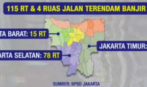 Doc. Data Badan Penanggulangan Bencana Daerah (BPBD) DKI Jakarta menunjukkan sedikitnya 115 RT di sejumlah wilayah ibu kota masih terdampak banjir akibat hujan deras yang mengguyur kawasan Jabodetabek. (Sumber: BPBD Jakarta).