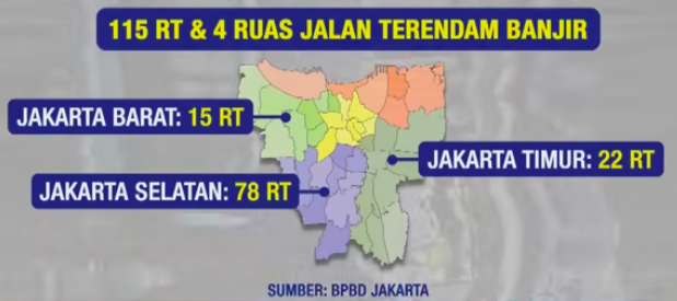 Doc. Data Badan Penanggulangan Bencana Daerah (BPBD) DKI Jakarta menunjukkan sedikitnya 115 RT di sejumlah wilayah ibu kota masih terdampak banjir akibat hujan deras yang mengguyur kawasan Jabodetabek. (Sumber: BPBD Jakarta).