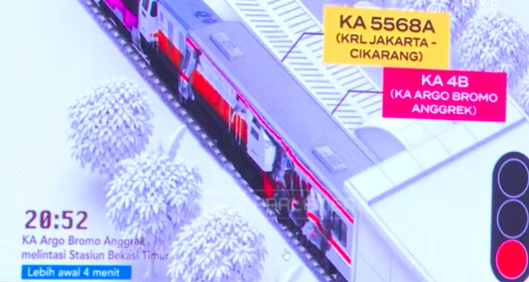 Doc. Keterangan Foto: Tangkapan layar video ilustrasi simulasi kecelakaan kereta api yang diputar dalam rapat kerja Komisi V DPR RI bersama Kementerian Perhubungan di Jakarta, Kamis (21/5/2026). Video ilustrasi tersebut digunakan untuk menjelaskan kronologi insiden tabrakan KA Argo Bromo Anggrek dengan KRL Commuter Line di area Stasiun Bekasi Timur pada 27 April 2026, termasuk kondisi lintasan, posisi rangkaian kereta, serta detik-detik terjadinya benturan berdasarkan paparan teknis yang disampaikan dalam forum rapat. (Sumber: Parlemen TV).