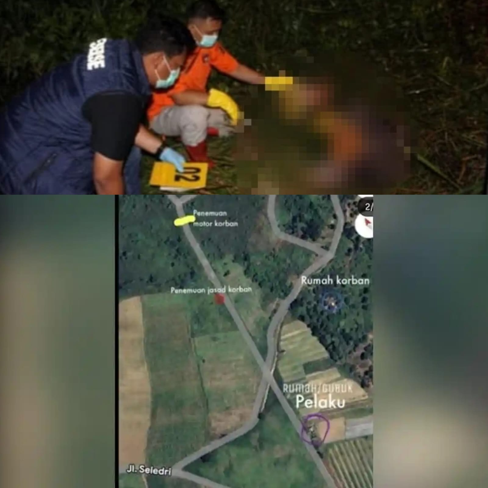 Doc. Petugas kepolisian bersama tim evakuasi saat mengevakuasi jenazah korban pembunuhan Ustadzah HN di kawasan Jalan Seledri, Kelurahan Sungai Ulin, Kota Banjarbaru, Rabu (29/4/2026) malam. Kanan: Tangkapan layar Google Maps mode satelit yang menunjukkan area lokasi penemuan korban di wilayah Sungai Ulin, Banjarbaru.
