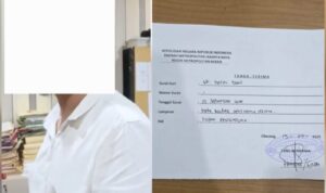 Doc. Kolase dokumentasi perkara: (kiri) surat tanda terima laporan terkait dugaan tindak pidana penggelapan yang dilaporkan Hairil Tami di Polres Metro Bekasi Kabupaten; (kanan) sosok penyidik yang menangani perkara saat berada di lingkungan kantor kepolisian. Wajah pada foto disamarkan untuk menjaga privasi individu, menghindari penghakiman publik, serta menghormati asas praduga tak bersalah dan etika jurnalistik.