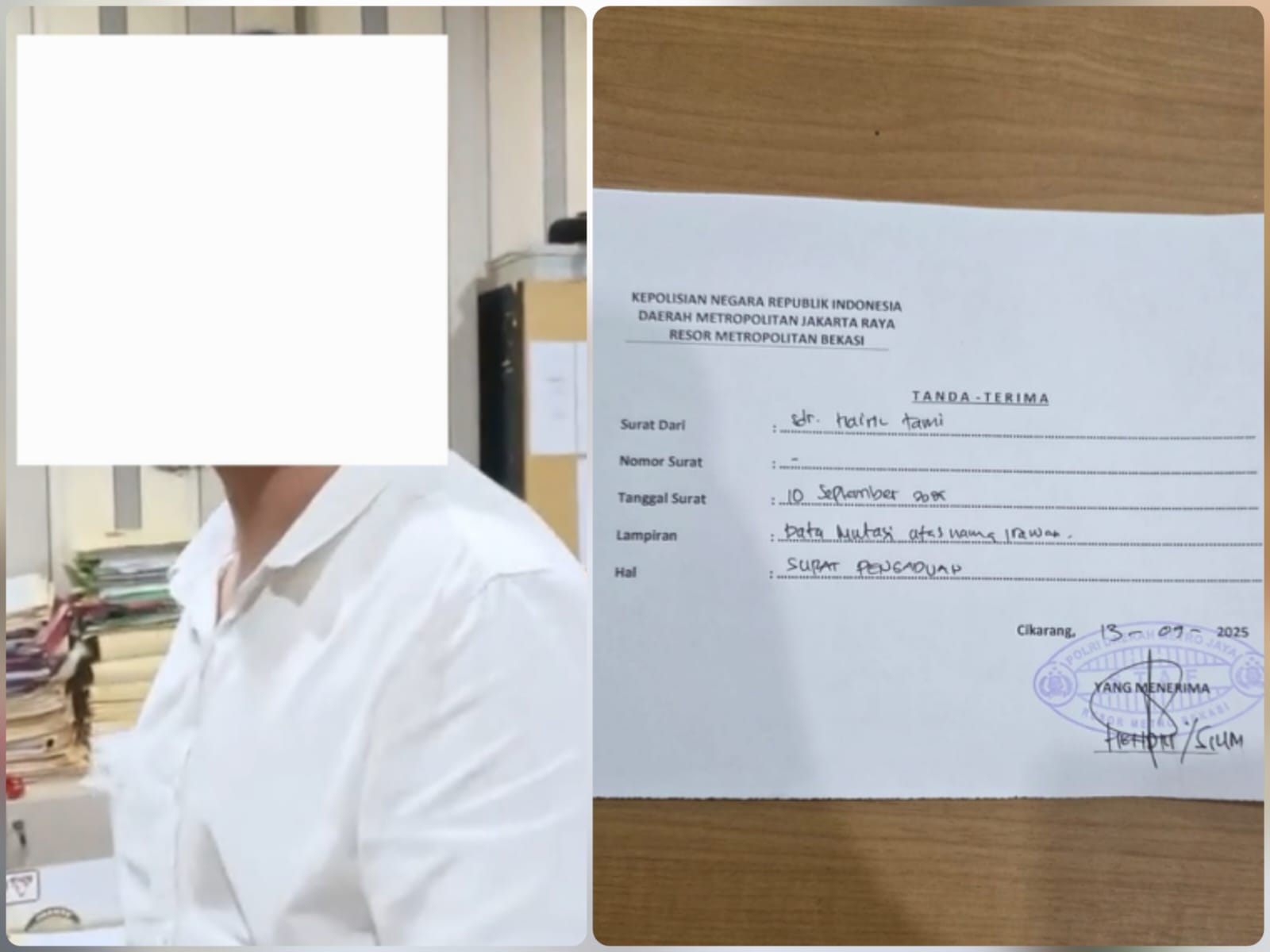 Doc. Kolase dokumentasi perkara: (kiri) surat tanda terima laporan terkait dugaan tindak pidana penggelapan yang dilaporkan Hairil Tami di Polres Metro Bekasi Kabupaten; (kanan) sosok penyidik yang menangani perkara saat berada di lingkungan kantor kepolisian. Wajah pada foto disamarkan untuk menjaga privasi individu, menghindari penghakiman publik, serta menghormati asas praduga tak bersalah dan etika jurnalistik.