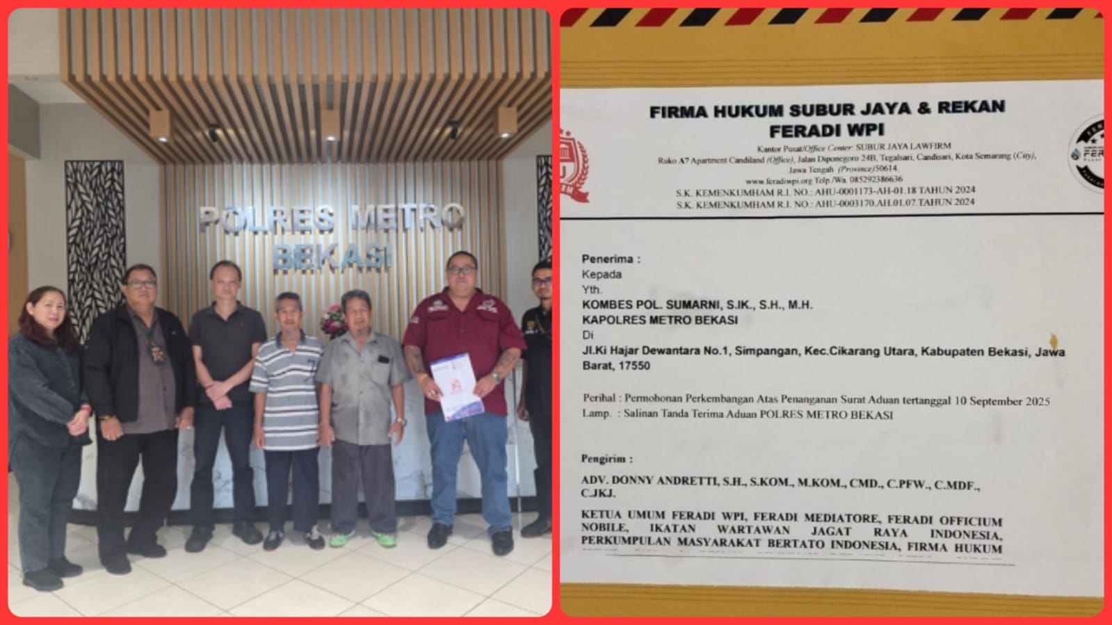 Doc. Kolase dokumentasi perkara: (kiri) Hairil Tami bersama kuasa hukum dan tim hukum saat memberikan keterangan terkait perkembangan laporan dugaan penggelapan di Polres Metro Bekasi Kabupaten; (kanan) surat permohonan penerbitan SP2HP yang diajukan kuasa hukum kepada pihak penyidik guna meminta informasi perkembangan penanganan perkara.