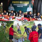 Doc. Pihak kepolisian saat memberikan keterangan dalam konferensi pers terkait pengungkapan kasus pembunuhan Ustadzah Hasanah di Banjarbaru. Bawah: Petugas kepolisian melakukan olah tempat kejadian perkara (TKP) guna mengumpulkan barang bukti dan mendalami kronologi peristiwa.