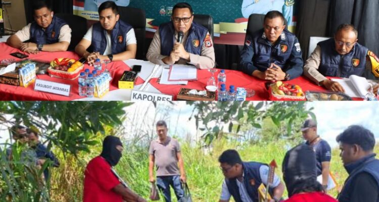 Doc. Pihak kepolisian saat memberikan keterangan dalam konferensi pers terkait pengungkapan kasus pembunuhan Ustadzah Hasanah di Banjarbaru. Bawah: Petugas kepolisian melakukan olah tempat kejadian perkara (TKP) guna mengumpulkan barang bukti dan mendalami kronologi peristiwa.