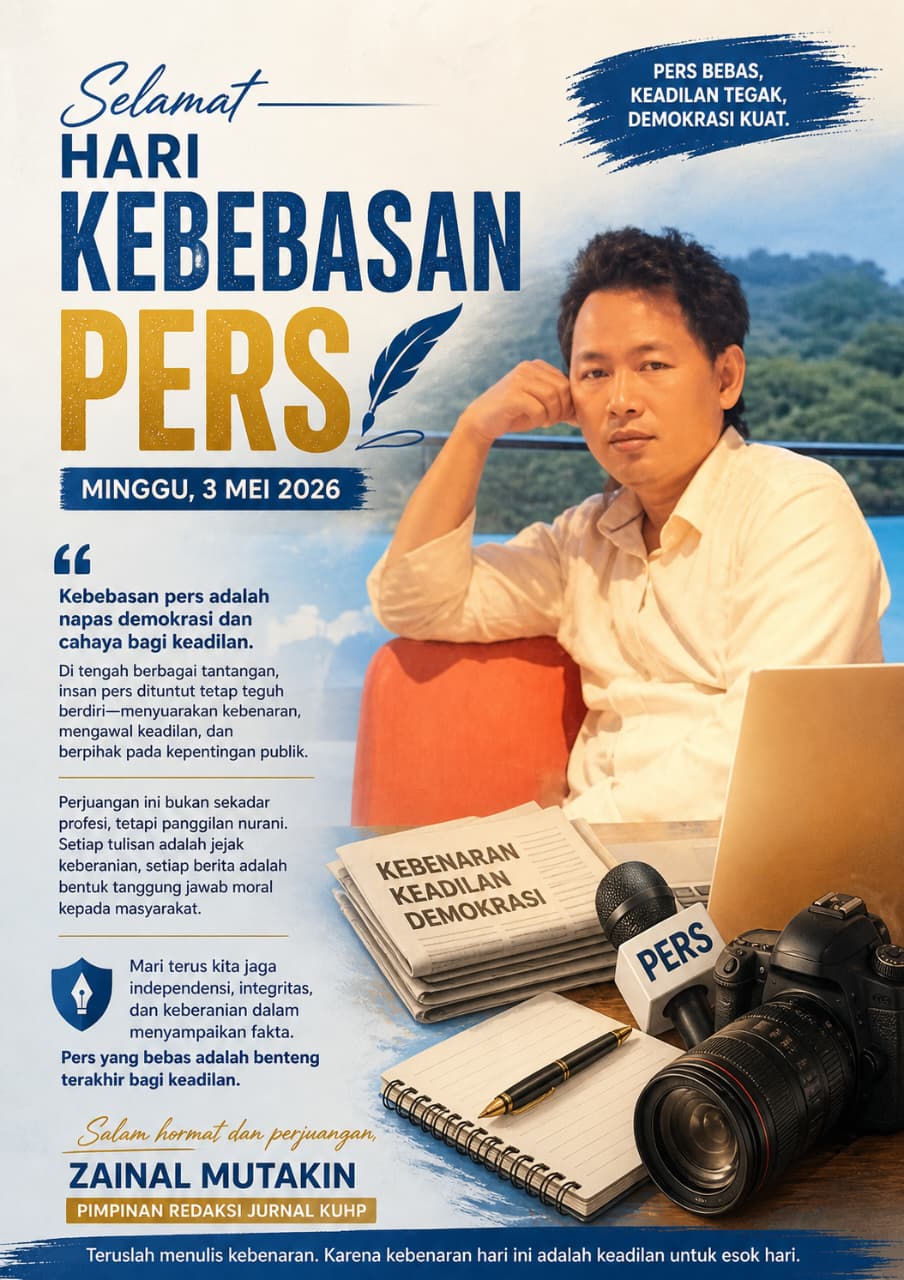 Doc. Poster ucapan Hari Kebebasan Pers 2026 yang menampilkan pesan tentang pentingnya independensi media, integritas jurnalistik, serta peran pers dalam menjaga keadilan dan demokras.