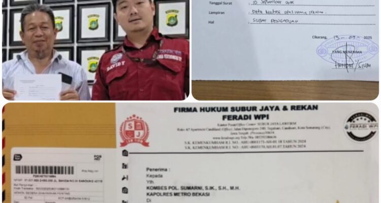 Doc. Close-up Hairil Tami saat menunjukkan bukti tanda terima laporan polisi yang diajukan di Polres Metro Bekasi Kabupaten, disertai dokumentasi bundel surat resmi yang dikirimkan kuasa hukum kepada Kapolres sebagai upaya permohonan informasi perkembangan perkara (SP2HP).