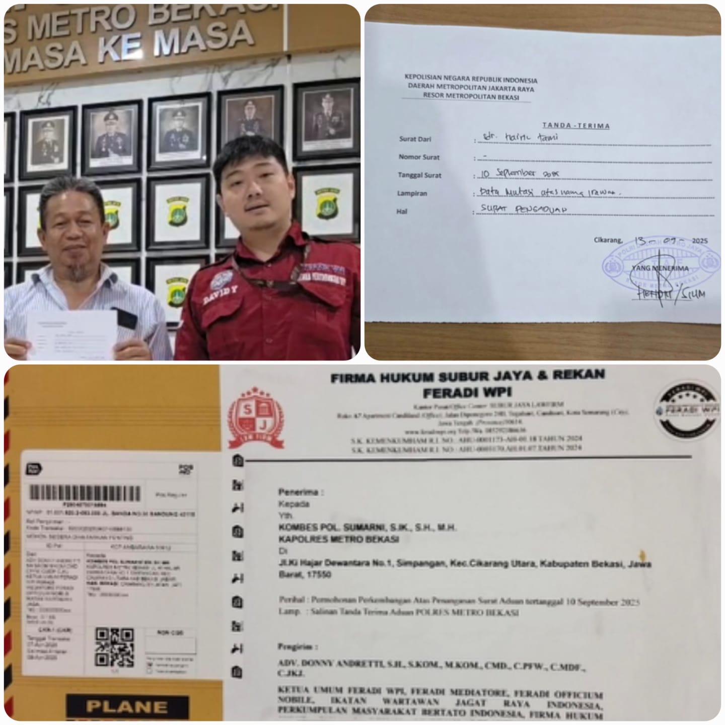 Doc. Close-up Hairil Tami saat menunjukkan bukti tanda terima laporan polisi yang diajukan di Polres Metro Bekasi Kabupaten, disertai dokumentasi bundel surat resmi yang dikirimkan kuasa hukum kepada Kapolres sebagai upaya permohonan informasi perkembangan perkara (SP2HP).