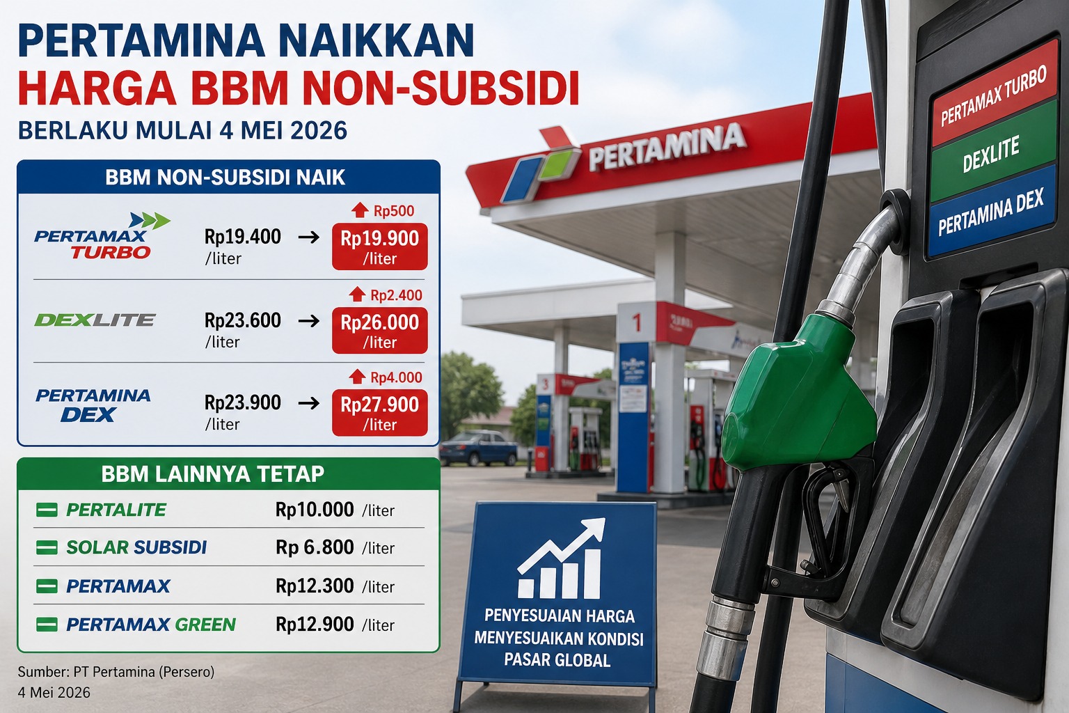 Doc. Ilustrasi papan informasi harga bahan bakar minyak (BBM) di SPBU Pertamina yang menunjukkan penyesuaian harga BBM non-subsidi per 4 Mei 2026, sementara harga BBM subsidi tetap dipertahankan.