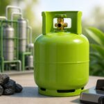 Doc. Ilustrasi proses produksi dan pemanfaatan Dimetil Eter (DME) sebagai alternatif LPG rumah tangga, yang menunjukkan tahapan konversi batubara melalui gasifikasi menjadi bahan bakar gas, distribusi dalam tabung, hingga penggunaan pada kompor domestik sebagai bagian dari upaya pemerintah memperkuat ketahanan energi nasional.