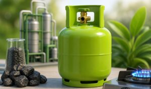 Doc. Ilustrasi proses produksi dan pemanfaatan Dimetil Eter (DME) sebagai alternatif LPG rumah tangga, yang menunjukkan tahapan konversi batubara melalui gasifikasi menjadi bahan bakar gas, distribusi dalam tabung, hingga penggunaan pada kompor domestik sebagai bagian dari upaya pemerintah memperkuat ketahanan energi nasional.