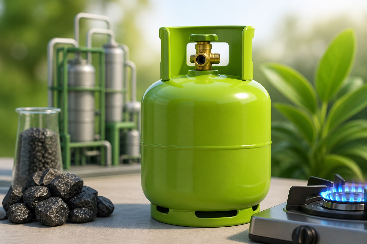 Doc. Ilustrasi proses produksi dan pemanfaatan Dimetil Eter (DME) sebagai alternatif LPG rumah tangga, yang menunjukkan tahapan konversi batubara melalui gasifikasi menjadi bahan bakar gas, distribusi dalam tabung, hingga penggunaan pada kompor domestik sebagai bagian dari upaya pemerintah memperkuat ketahanan energi nasional.