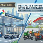 Doc. Ilustrasi ini menggambarkan transformasi 13 SPBU Pertamina di Jabodetabek menjadi SPBU Signature yang fokus pada layanan premium dan BBM non-subsidi (Pertamax/Dexlite). Sementara itu, sisi lainnya menunjukkan SPBU Reguler yang tetap melayani masyarakat pengguna Pertalite, seperti ojek daring dan kurir, untuk memastikan akses BBM bersubsidi tetap tersedia di lokasi lain.