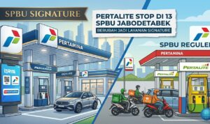 Doc. Ilustrasi ini menggambarkan transformasi 13 SPBU Pertamina di Jabodetabek menjadi SPBU Signature yang fokus pada layanan premium dan BBM non-subsidi (Pertamax/Dexlite). Sementara itu, sisi lainnya menunjukkan SPBU Reguler yang tetap melayani masyarakat pengguna Pertalite, seperti ojek daring dan kurir, untuk memastikan akses BBM bersubsidi tetap tersedia di lokasi lain.