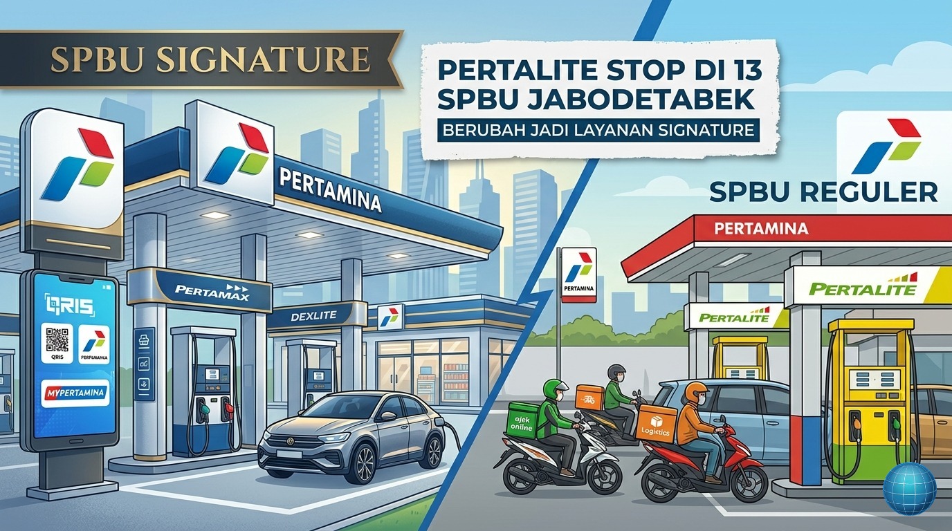 Doc. Ilustrasi ini menggambarkan transformasi 13 SPBU Pertamina di Jabodetabek menjadi SPBU Signature yang fokus pada layanan premium dan BBM non-subsidi (Pertamax/Dexlite). Sementara itu, sisi lainnya menunjukkan SPBU Reguler yang tetap melayani masyarakat pengguna Pertalite, seperti ojek daring dan kurir, untuk memastikan akses BBM bersubsidi tetap tersedia di lokasi lain.
