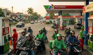 Doc. Suasana sejumlah pengendara motor dan ojek daring saat mengantre pengisian BBM jenis Pertalite di sebuah SPBU reguler. Foto ini mengilustrasikan ketergantungan masyarakat terhadap akses BBM bersubsidi di tengah kekhawatiran atas fluktuasi harga energi dan beban ekonomi harian.